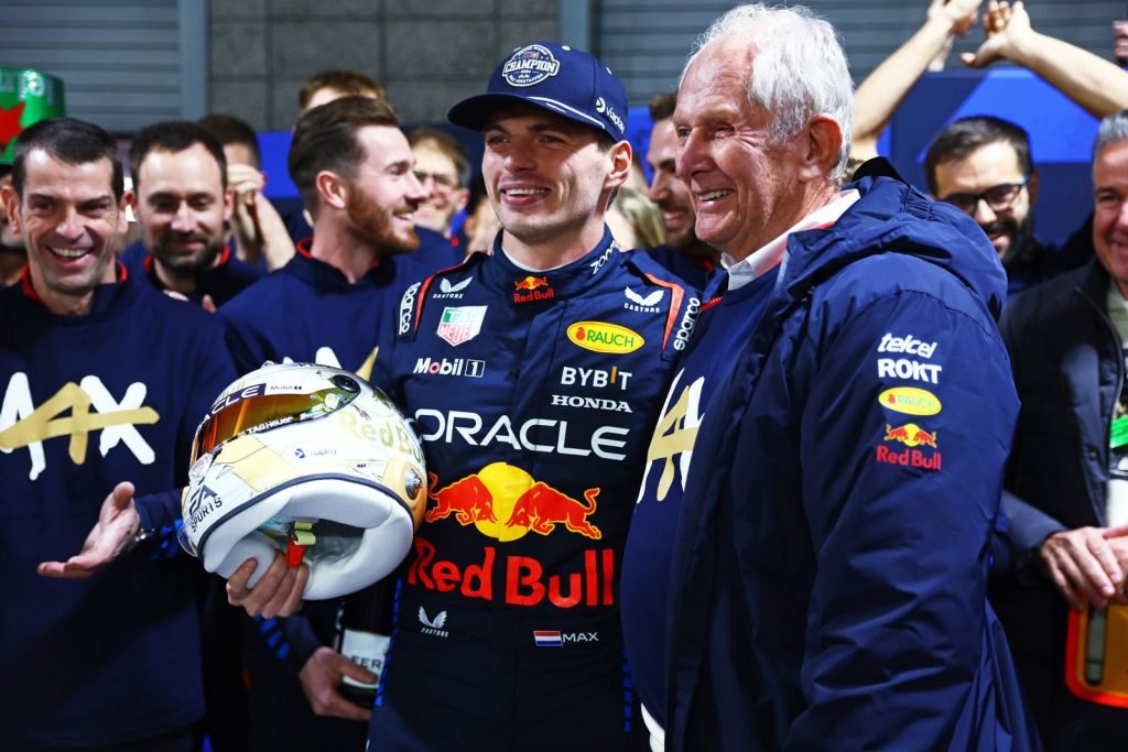2024 F1 World Drivers Champion Max Verstappen of the Netherlands and Oracle Red Bull Racing celebrates with Oracle Red Bull Racing Team Consultant Dr Helmut Marko in the Paddock after the F1 Grand Prix of Las Vegas at Las Vegas Strip Circuit on November 23, 2024 in Las Vegas, Nevada.