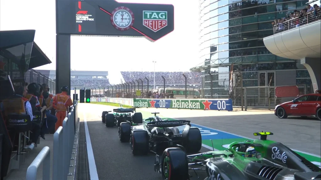 Drivers queue at the end of the pit lane ahead of qualifying for the F1 Chinese GP (Image Credit: @F1 on X)