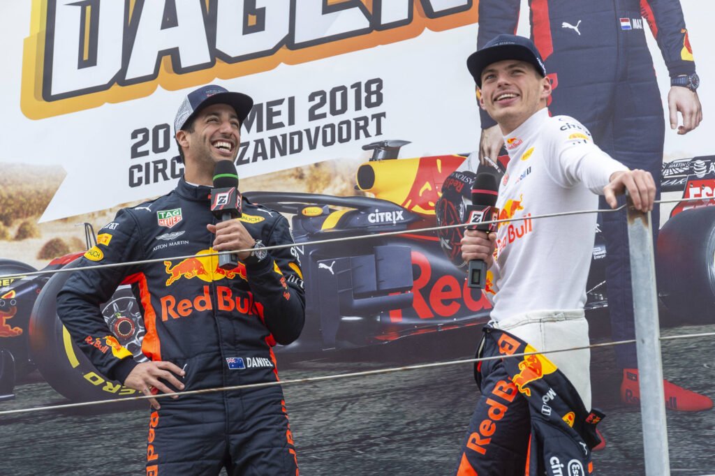 Daniel Ricciardo and Max Verstappen at the Red Bull F1 Showrun during the Jumbo Racedagen in Zandvoort, The Netherlands on May 21, 2018. // Jarno Schurgers / Red Bull Content Pool // SI201805200473 // Usage for editorial use only //