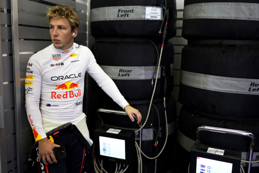 SHANGHAI, CHINA - MARCH 21: Liam Lawson of New Zealand and Oracle Red Bull Racing looks on in the garage during Sprint Qualifying ahead of the F1 Grand Prix of China at Shanghai International Circuit on March 21, 2025 in Shanghai, China. (Photo by Mark Thompson/Getty Images) // Getty Images / Red Bull Content Pool // SI202503210149 // Usage for editorial use only //