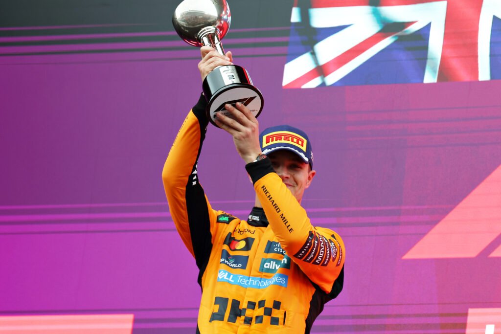 SUZUKA, JAPAN - APRIL 06: Second placed Lando Norris of Great Britain and McLaren on the podium with his trophy during the F1 Grand Prix of Japan at Suzuka Circuit on April 06, 2025 in Suzuka, Japan.