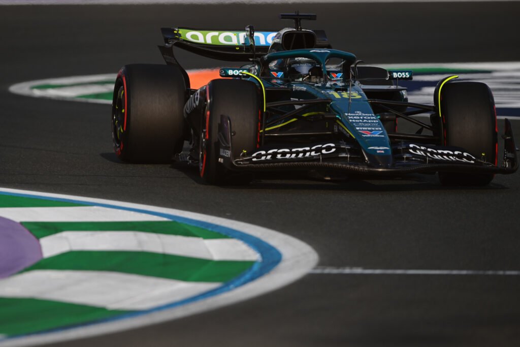 JEDDAH, SAUDI ARABIA - APRIL 18: Lance Stroll of Canada driving the (18) Aston Martin F1 Team AMR25 Mercedes on track during practice ahead of the F1 Saudi Arabian GP at Jeddah Corniche Circuit on April 18, 2025 in Jeddah, Saudi Arabia