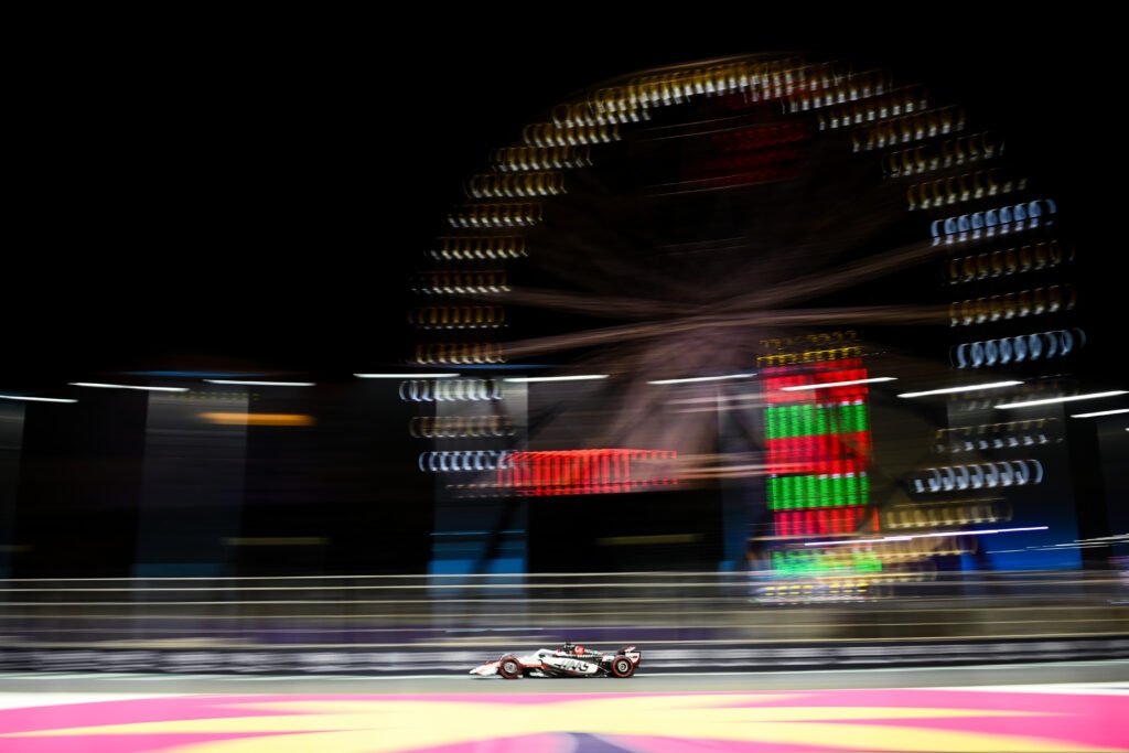 JEDDAH, SAUDI ARABIA - APRIL 18: Esteban Ocon of France driving the (31) Haas F1 VF-25 Ferrari on track during practice ahead of the 2025 F1 Saudi Arabian GP at Jeddah Corniche Circuit on April 18, 2025 in