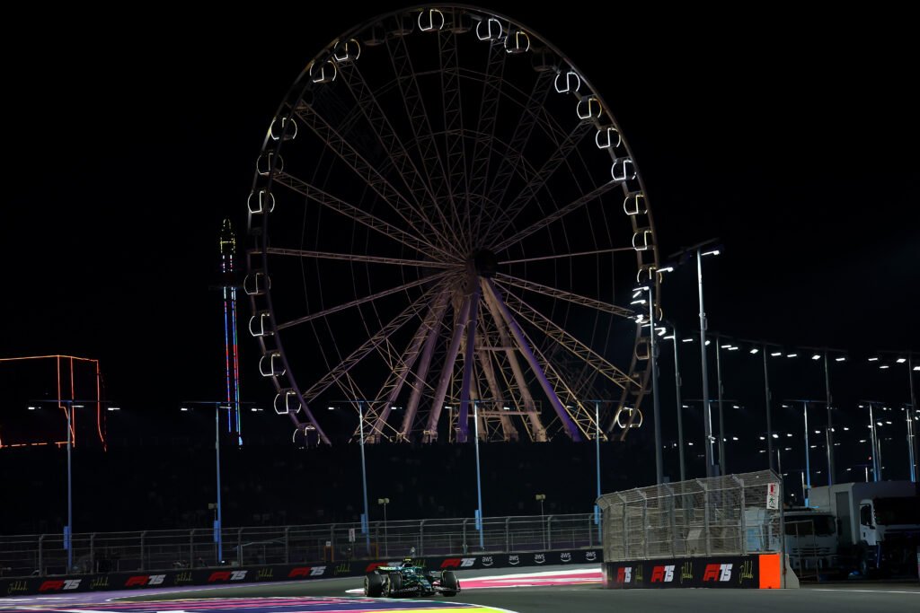 JEDDAH, SAUDI ARABIA - APRIL 18: Fernando Alonso of Spain driving the (14) Aston Martin F1 Team AMR25 Mercedes on track during practice ahead of the F1 Saudi Arabian GP at Jeddah Corniche Circuit on April 18, 2025 in Jeddah, Saudi Arabia.