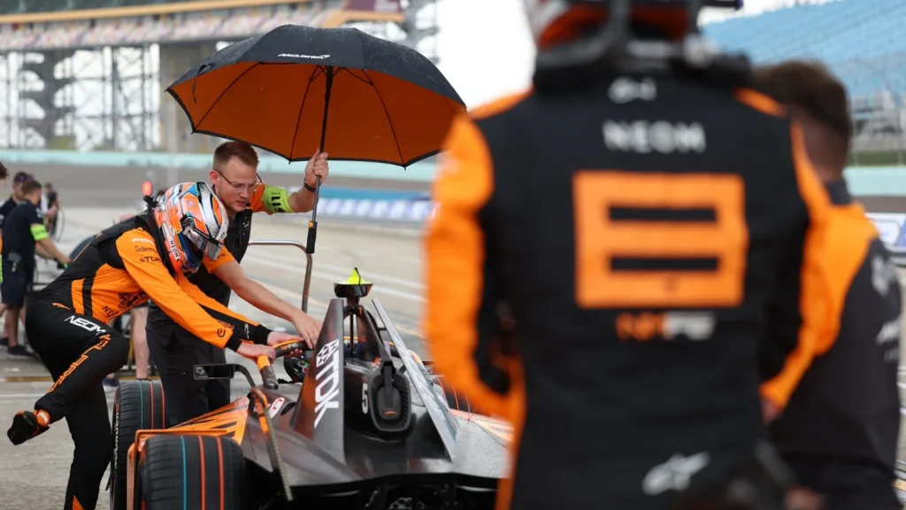 Taylor Barnard of Great Britain and NEOM McLaren Formula E Team prepares to drive during Shakedown & Practice ahead of the Miami E-Prix, Round 5 of the 2025 FIA Formula E World Championship at Homestead-Miami Speedway on April 11, 2025 in Homestead, Florida. (Photo by Alastair Staley/LAT Images)