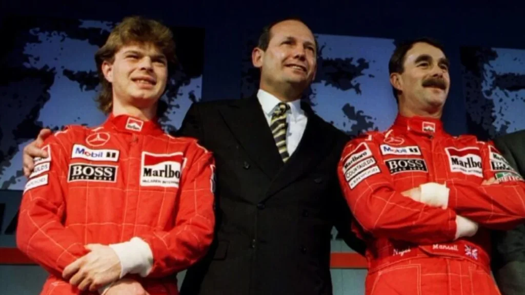 Ron Dennis with Nigel Mansell at the launch of the McLaren MP4/10 in 1995 (Image Credit: @McLarenF1 on X)
