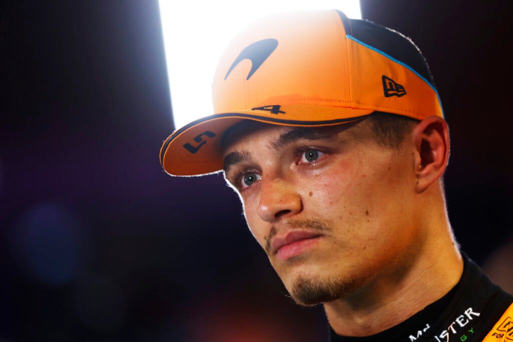 Lando Norris, McLaren F1 Team, talks to the media