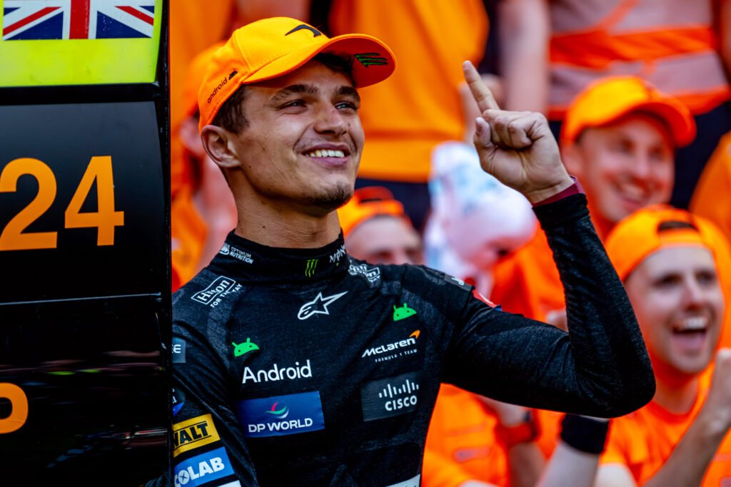 Lando Norris, McLaren, as he celebrates 1st win overall during Miami GP 2024.