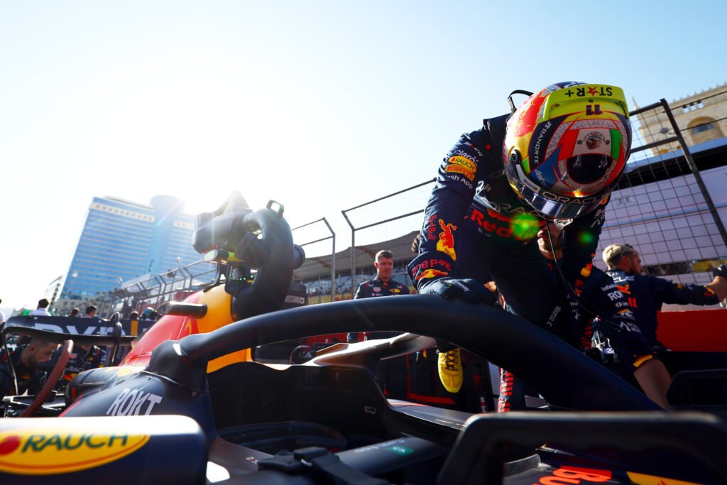 Sergio Perez of Mexico and Oracle Red Bull Racing prepares to drive on the grid prior to the Sprint ahead of the F1 Grand Prix of Azerbaijan at Baku City Circuit on April 29, 2023 in Baku, Azerbaijan. (Photo by Mark Thompson/Getty Images)