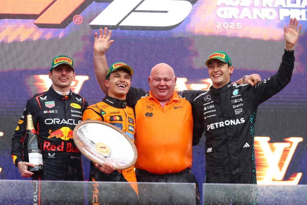 McLaren's Lando Norris, Red Bull's Max Verstappen and Mercedes' George Russell during the Australian Grand Prix