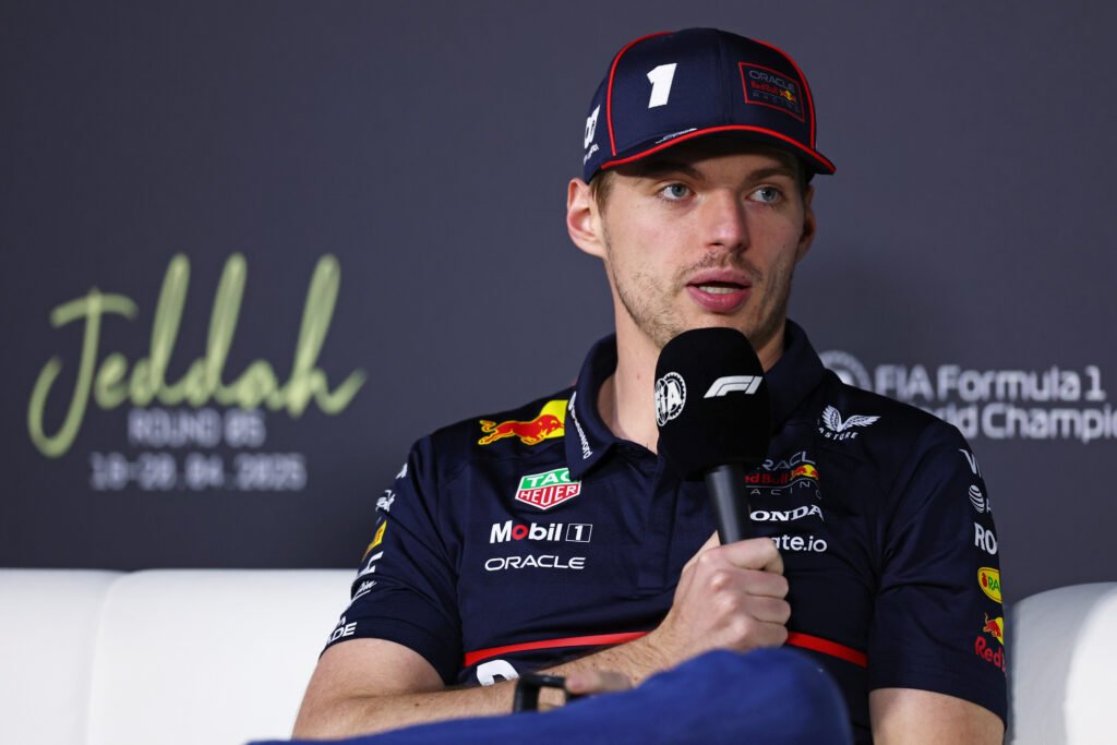 JEDDAH, SAUDI ARABIA - APRIL 17: Max Verstappen of the Netherlands and Oracle Red Bull Racing speaks during the Drivers Press Conference during previews ahead of the F1 Grand Prix of Saudi Arabia at Jeddah Corniche Circuit on April 17, 2025 in Jeddah, Saudi Arabia. (Feature Image Credit: Clive Rose/Getty Images) /Getty Images / Red Bull Content Pool)