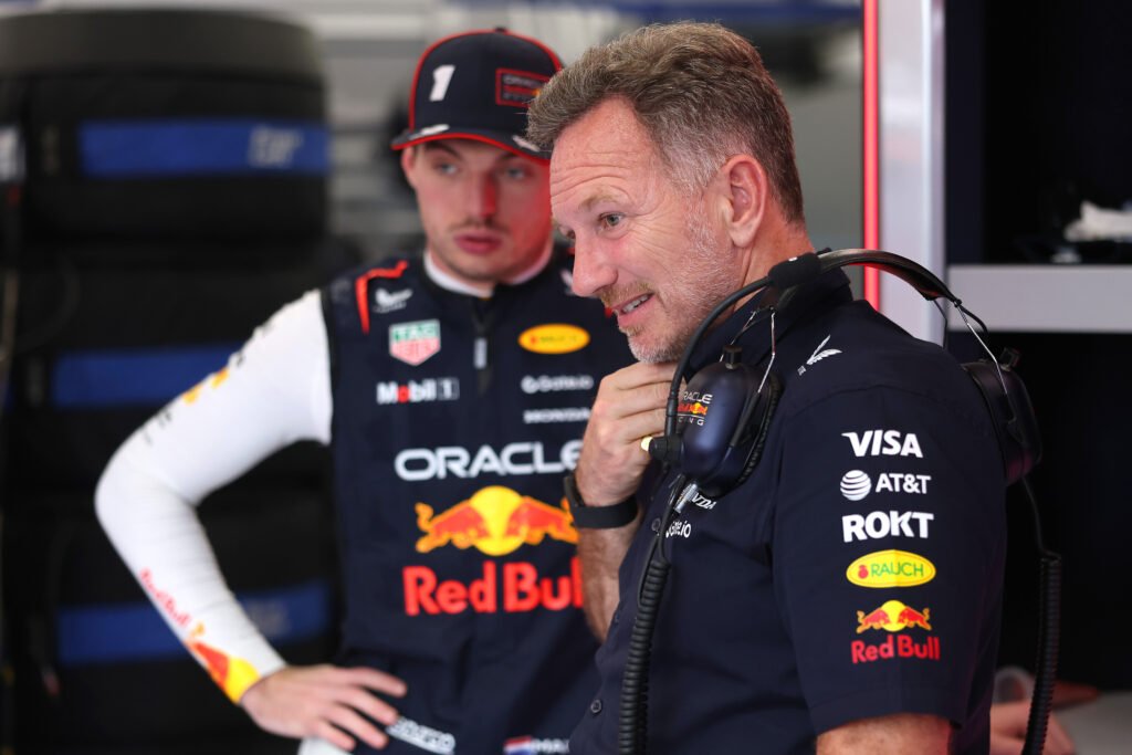Christian Horner, Team Principal of Oracle Red Bull Racing and Max Verstappen of the Netherlands and Oracle Red Bull Racing in the garage during practice ahead of the F1 Grand Prix of Saudi Arabia at Jeddah Corniche Circuit on April 18, 2025 in Jeddah, Saudi Arabia. (Photo Credit by Alex Pantling/Getty Images and Red Bull Content Pool)