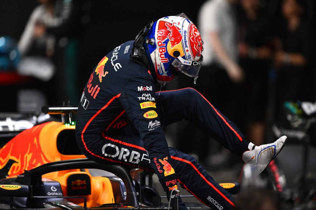 JEDDAH, SAUDI ARABIA - APRIL 19: Pole position qualifier Max Verstappen of the Netherlands and Oracle Red Bull Racing arrives in parc ferme during qualifying ahead of the F1 Grand Prix of Saudi Arabia at Jeddah Corniche Circuit on April 19, 2025 in Jeddah, Saudi Arabia.