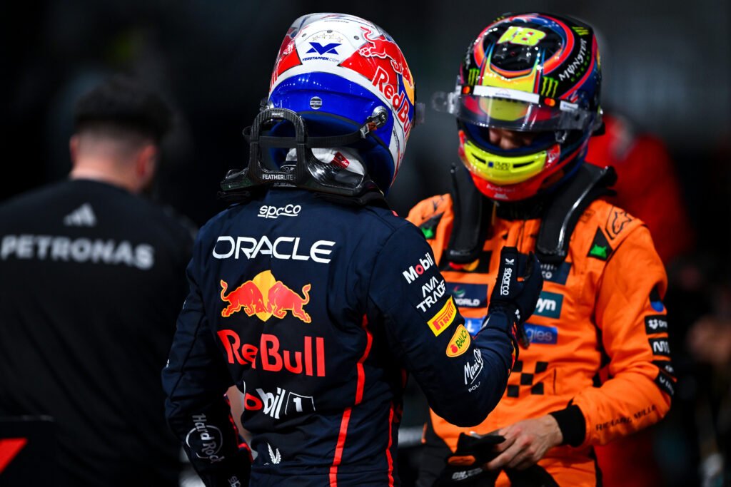 JEDDAH, SAUDI ARABIA - APRIL 19: Pole position qualifier Max Verstappen of the Netherlands and Oracle Red Bull Racing and Second placed qualifier Oscar Piastri of Australia and McLaren celebrate in parc ferme during qualifying ahead of the F1 Saudi Arabian GP at Jeddah Corniche Circuit on April 19, 2025 in Jeddah, Saudi Arabia.