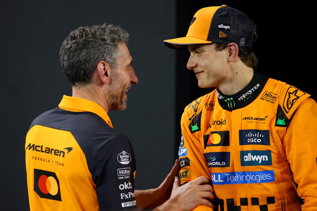 BAHRAIN, BAHRAIN - APRIL 13: Andrea Stella, Team Principal of McLaren and Race winner Oscar Piastri of Australia and McLaren in parc ferme during the F1 Grand Prix of Bahrain at Bahrain International Circuit on April 13, 2025 in Bahrain, Bahrain. (Photo by Sam Bloxham/LAT Images)