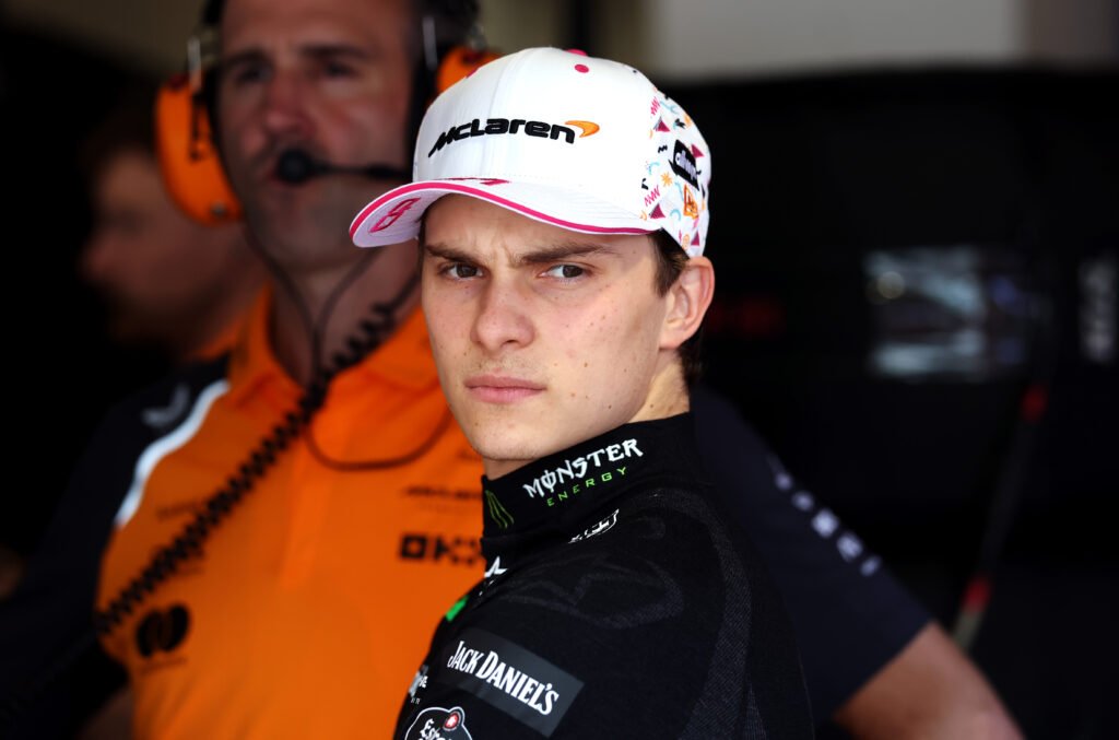 MIAMI, FLORIDA - Oscar Piastri, McLaren looks on in the garage during qualifying ahead of the F1 Miami GP