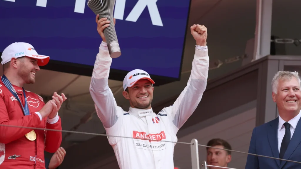 Third placed Jake Dennis of Great Britain and Andretti Formula E on the podium during the Monaco E-Prix, Round 6 of the 2025 FIA Formula E World Championship at Circuit de Monaco on May 03, 2025 in Monte-Carlo, Monaco. (Photo by Andrew Ferraro/Formula E-Media Centre/LAT Images)