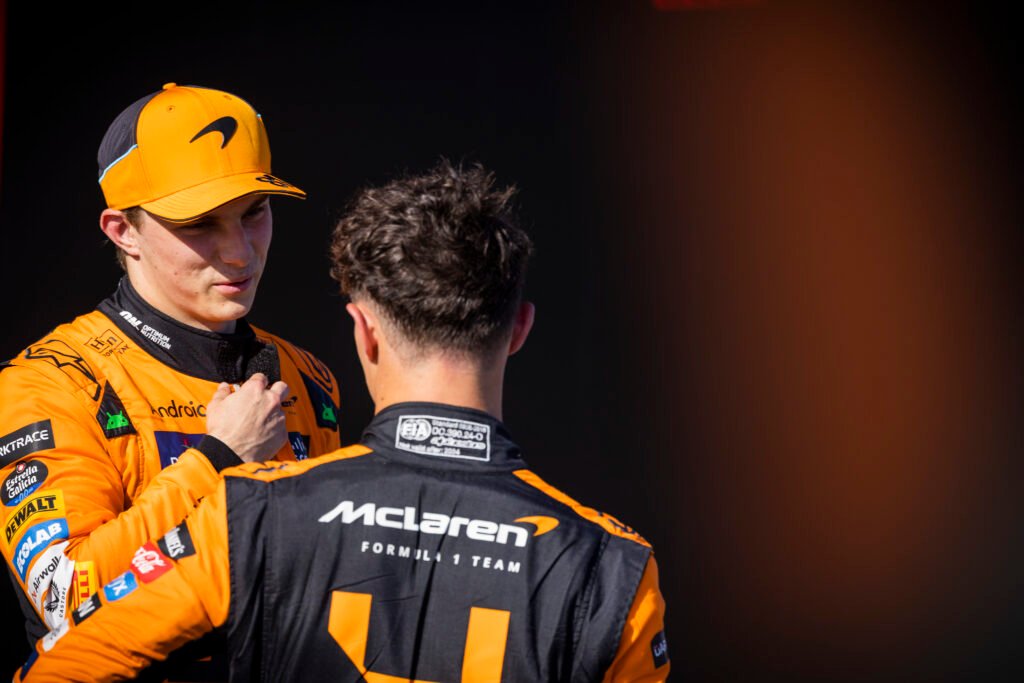 Oscar Piastri, McLaren F1 Team, and Lando Norris, McLaren F1 Team, congratulate each other after Qualifying