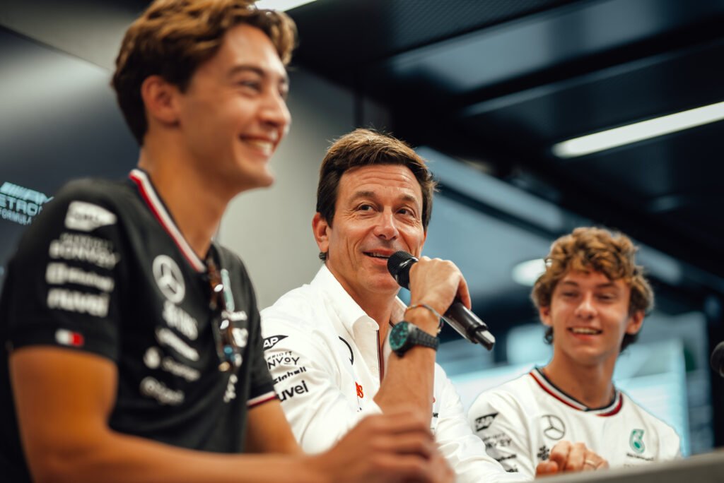 Toto Wolff discussed current line-up George Russell and Kimi Antonelli, and about former driver Lewis Hamilton.