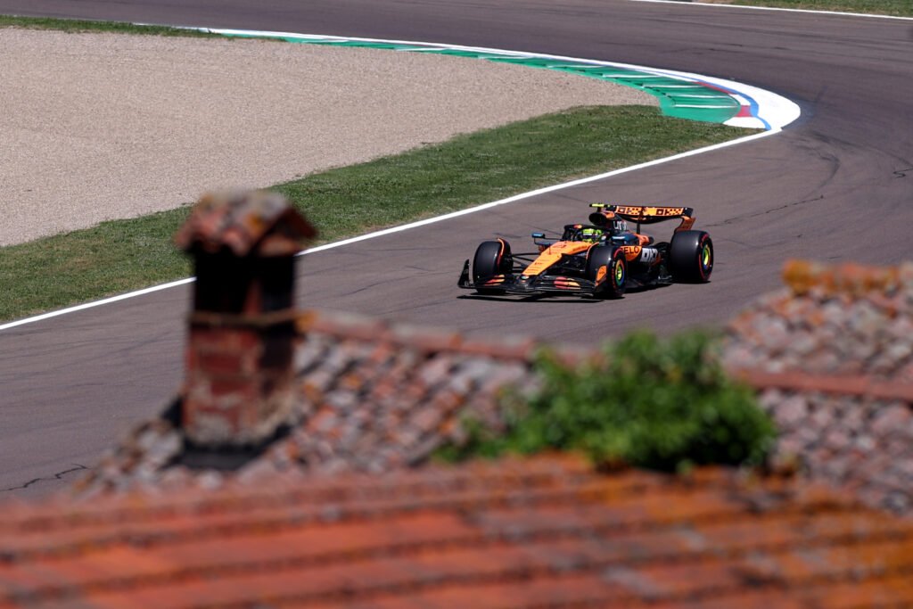 IMOLA, ITALY - MAY 16: Lando Norris of Great Britain driving the (4) McLaren MCL39 Mercedes on track during practice ahead of the F1 Grand Prix of Emilia-Romagna at Autodromo Internazionale Enzo e Dino Ferrari on May 16, 2025 in Imola, Italy. (Photo by Ryan Pierse/Getty Images)