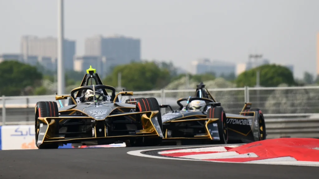 Maximilian Gunther of Germany driving the (7) DS Penske DS E-Tense FE25 leads Jean-Eric Vergne of France driving the (25) DS Penske DS E-Tense FE25 on track ahead of Practice, ahead of the Shanghai E-Prix, Round 10 of the 2025 FIA Formula E World Championship at Shanghai International Circuit on May 30, 2025 in Shanghai, China.