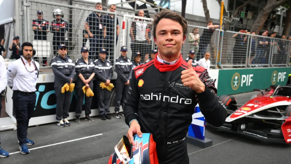 Second placed Nyck de Vries of the Netherlands and Mahindra Racing in parc ferme during the Monaco E-Prix, Round 6 of the 2025 FIA Formula E World Championship at Circuit de Monaco on May 03, 2025 in Monte-Carlo, Monaco. (Photo by Simon Galloway/LAT Images for Formula E