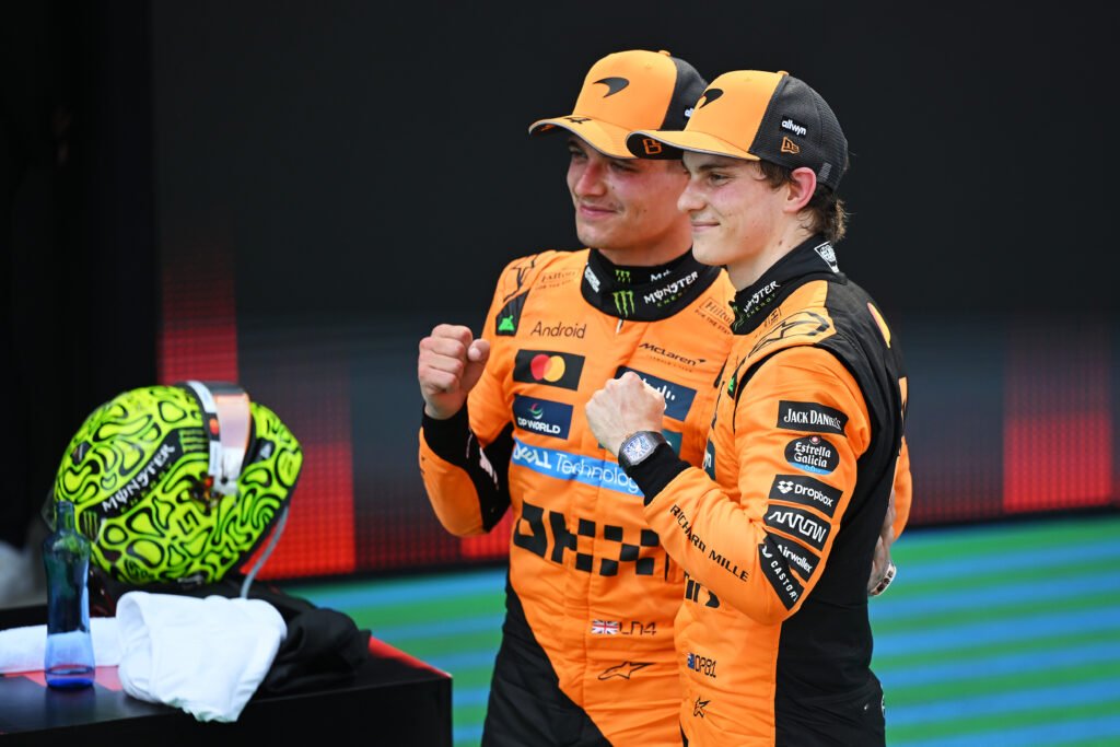 BARCELONA, SPAIN - JUNE 01: Race winner Oscar Piastri of Australia and McLaren and Second placed Lando Norris of Great Britain and McLaren celebrate in parc ferme during the F1 Grand Prix of Spain at Circuit de Barcelona-Catalunya on June 01, 2025 in Barcelona, Spain. (Photo by David Ramos/Getty Images)