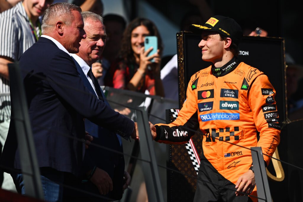 SPIELBERG, AUSTRIA - JUNE 29: Second placed Oscar Piastri of Australia and McLaren arrives on the podium during the F1 Austrian GP at Red Bull Ring on June 29, 2025 in Spielberg, Austria. (Photo by Rudy Carezzevoli/Getty Images)
