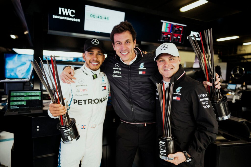 Valtteri Bottas, Lewis Hamilton and Toto Wolff following the 2018 Spanish Grand Prix