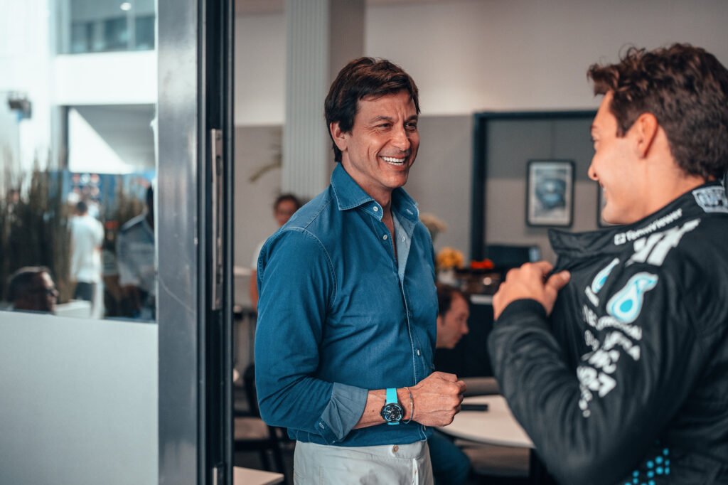 Mercedes Team Principal and driver George Russell whose contract with Mercedes is set to expire at the end of 2025.