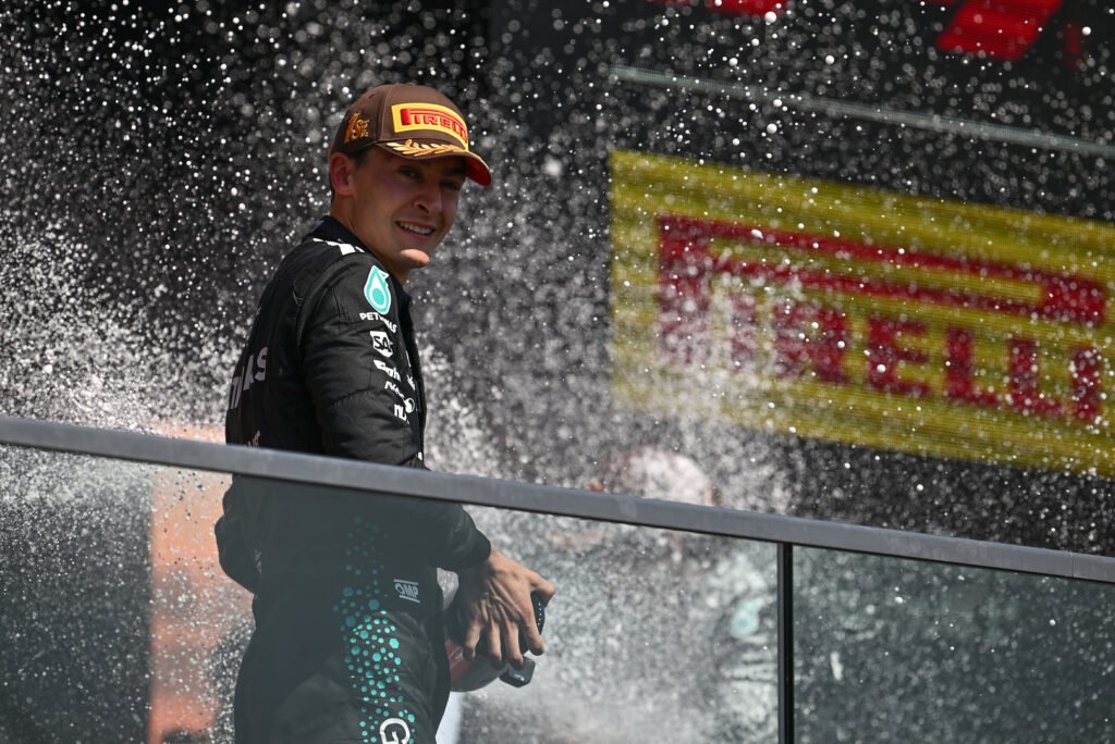 George Russell of Mercedes, still in contract negotiations for 2026, at the 2025 F1 Canadian GP