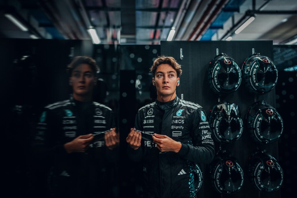 George Russell in the Mercedes garage on Friday at the 2025 F1 Austrian GP