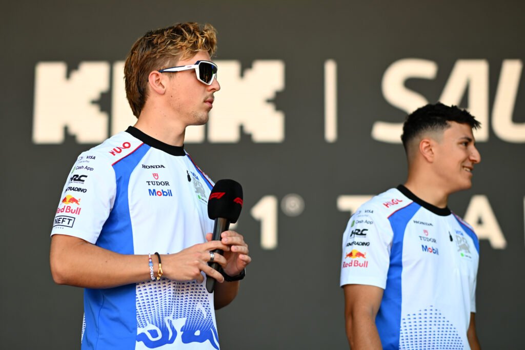Isack Hadjar and Liam Lawson of Racing Bulls during the 2025 F1 Spanish GP.