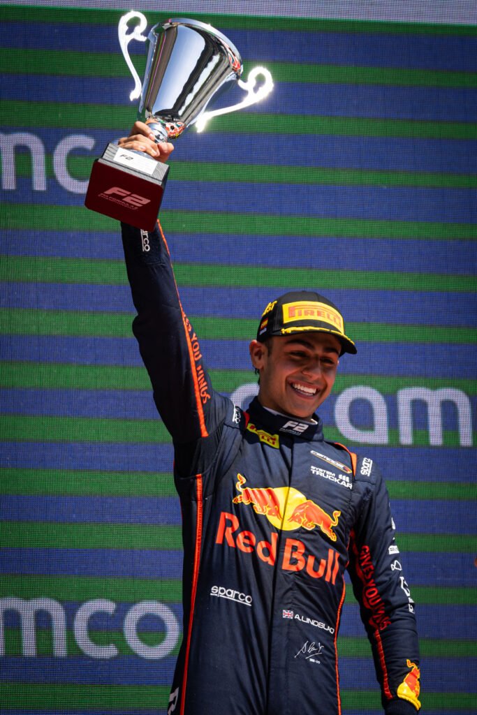 Campos Racing's Arvid Lindblad during the podium at the F2 Spanish GP