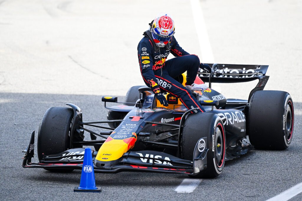 BARCELONA, SPAIN - JUNE 01: Max Verstappen of the Netherlands gets off the the (1) Oracle Red Bull Racing RB21 after the F1 Grand Prix of Spain at Circuit de Barcelona-Catalunya on June 01, 2025 in Barcelona, Spain.