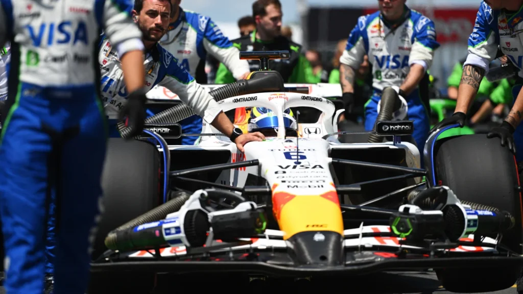 Mechanics push Isack Hadjar of France driving the (6) Visa Cash App Racing Bulls VCARB 02 to his grid slot prior to the F1 Grand Prix of Canada at Circuit Gilles-Villeneuve on June 15, 2025 in Montreal, Quebec. (Photo by Rudy Carezzevoli/Getty Images)