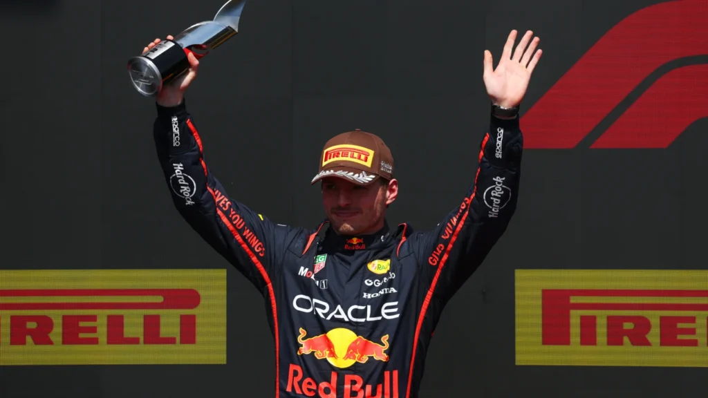 Second placed Max Verstappen of the Netherlands and Oracle Red Bull Racing celebrates on the podium during the F1 Grand Prix of Canada at Circuit Gilles-Villeneuve on June 15, 2025 in Montreal, Quebec. (Photo by Clive Rose/Getty Images)