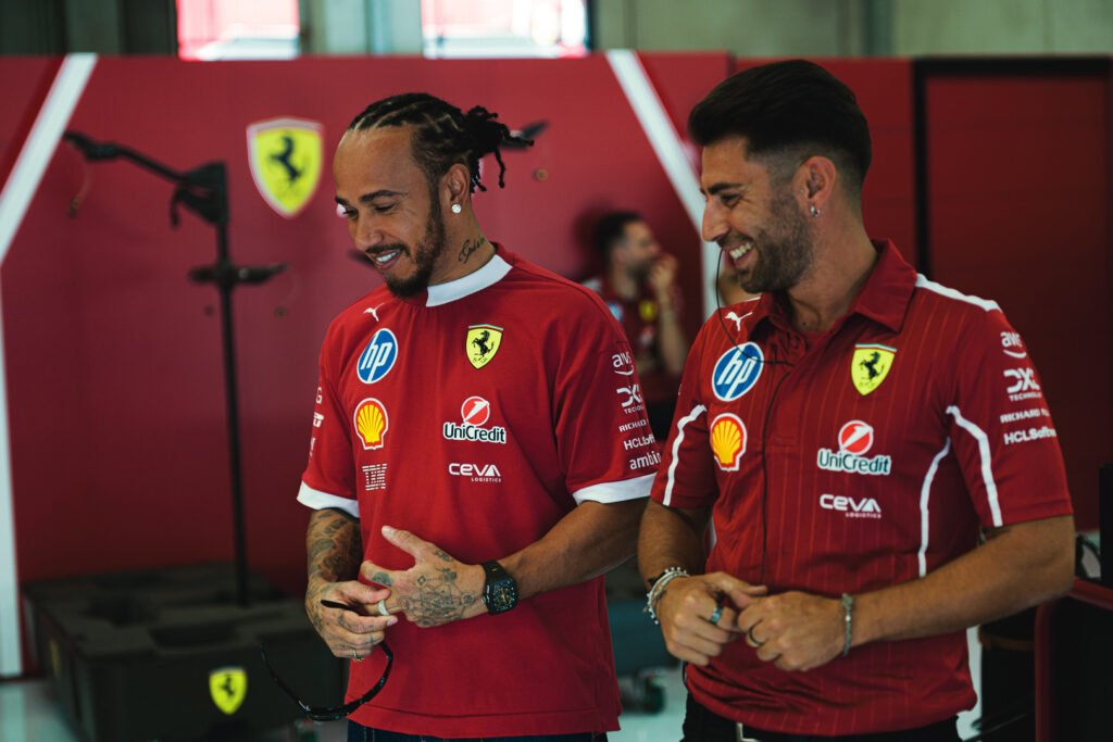 Lewis Hamilton of Ferrari in his garage at the 2025 Austrian Grand Prix weekend.