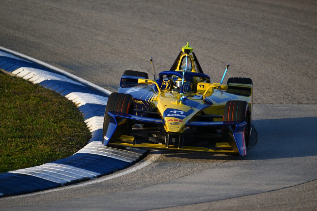 Lucas di Grassi of Brazil driving the (11) Lola Yamaha ABT Formula E Team Lola-Yamaha T001 on track during practice ahead of the Miami E-Prix, Round 5 of the 2025 FIA Formula E World Championship at Homestead-Miami Speedway on April 12, 2025 in Homestead, Florida.