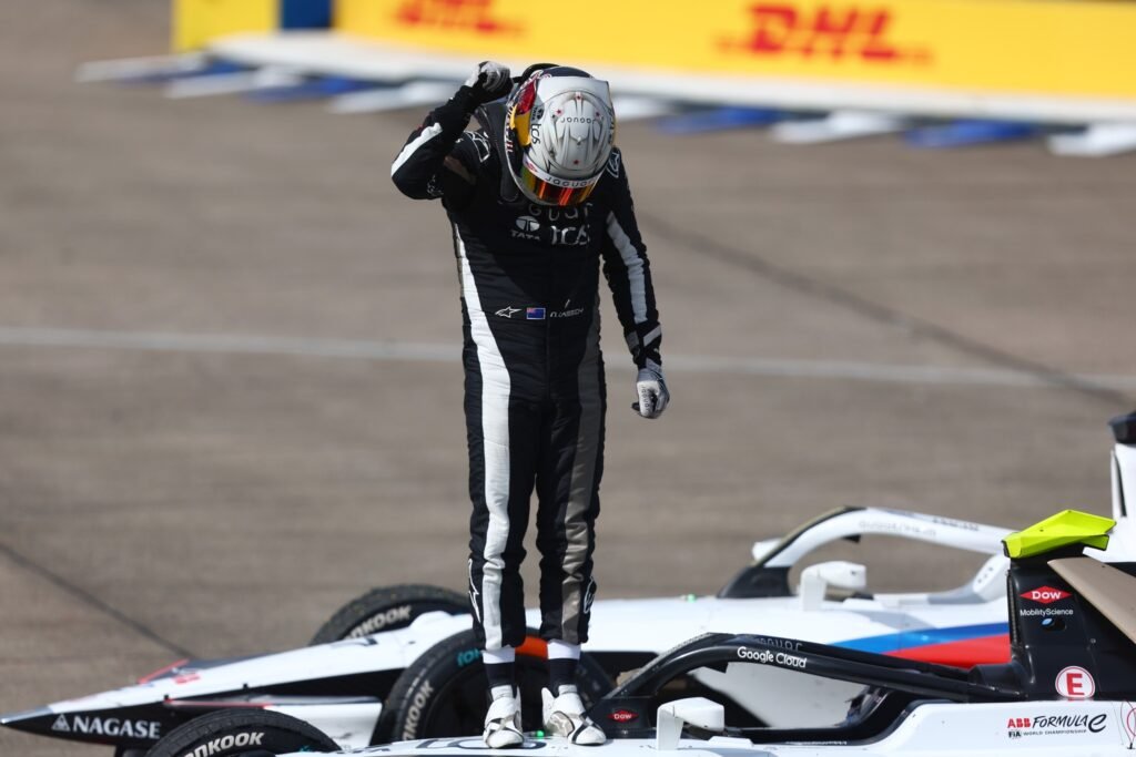 Race winner Nick Cassidy of New Zealand and Jaguar TCS Racing celebrates in parc ferme during the Berlin E-Prix, Round 14 of the 2025 FIA Formula E World Championship at Tempelhof Airport Circuit