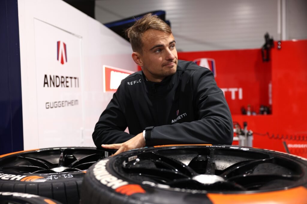 Nico Muller of Switzerland and Andretti Formula E looks on in the garage during practice, ahead of the Berlin E-Prix, Round 13 of the 2025 FIA Formula E World Championship at Tempelhof Airport Circuit.