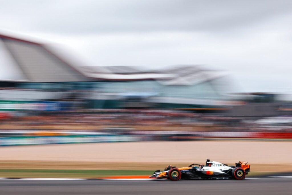 Oscar Piastri driving around Silverstone at the 2025 F1 British Grand Prix.