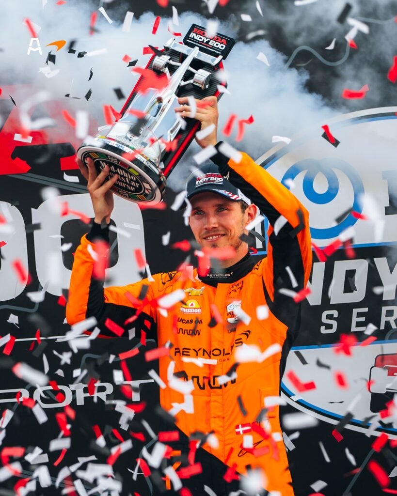 Christian Lundgaard celebrating his P3 finish at the Indycar Mid-Ohio race.
