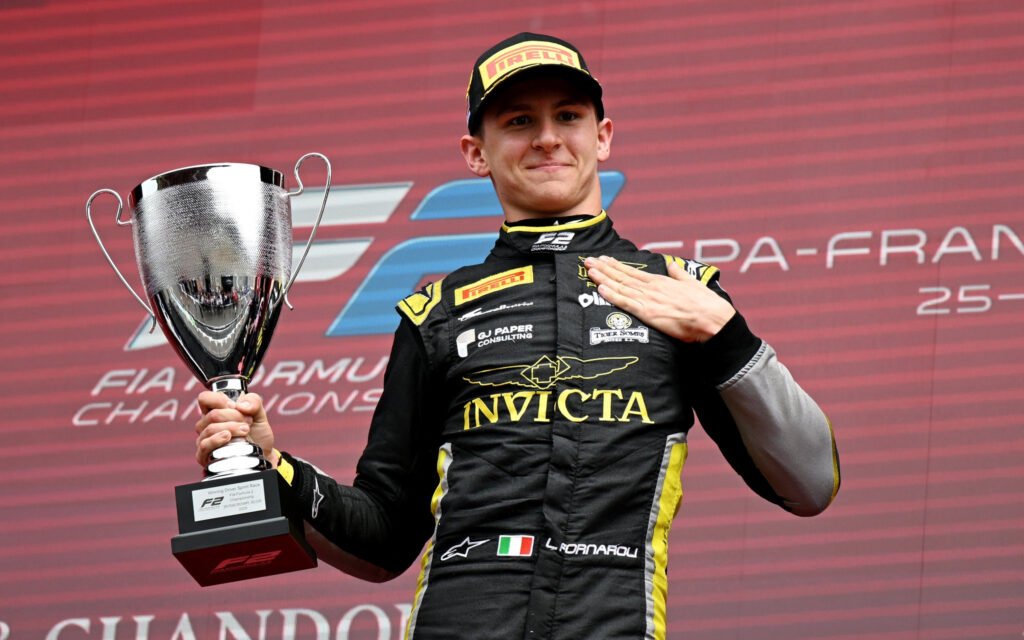 Invicta's Leonardo Fornaroli on the podium at the F2 Belgian GP