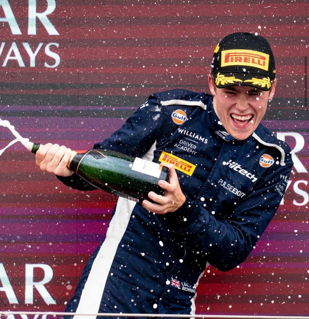 Hitech's Luke Browning on the podium at the F2 British GP