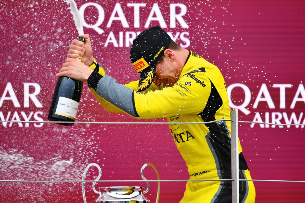 Invicta's Leonardo Fornaroli on the podium after winning the F2 Sprint Race at the British GP