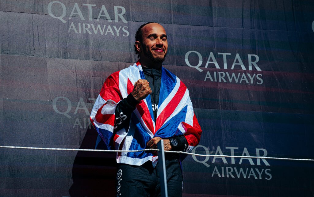 Lewis Hamilton after winning the F1 British Grand Prix in 2024.