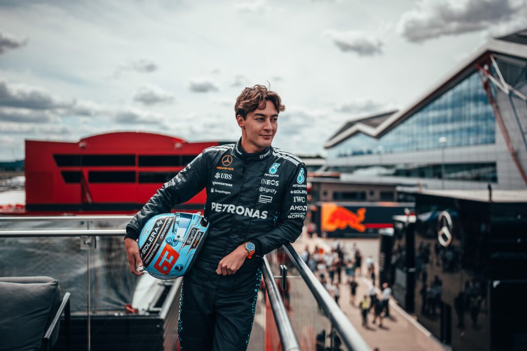 George Russell of Mercedes ahead of the 2025 F1 British GP