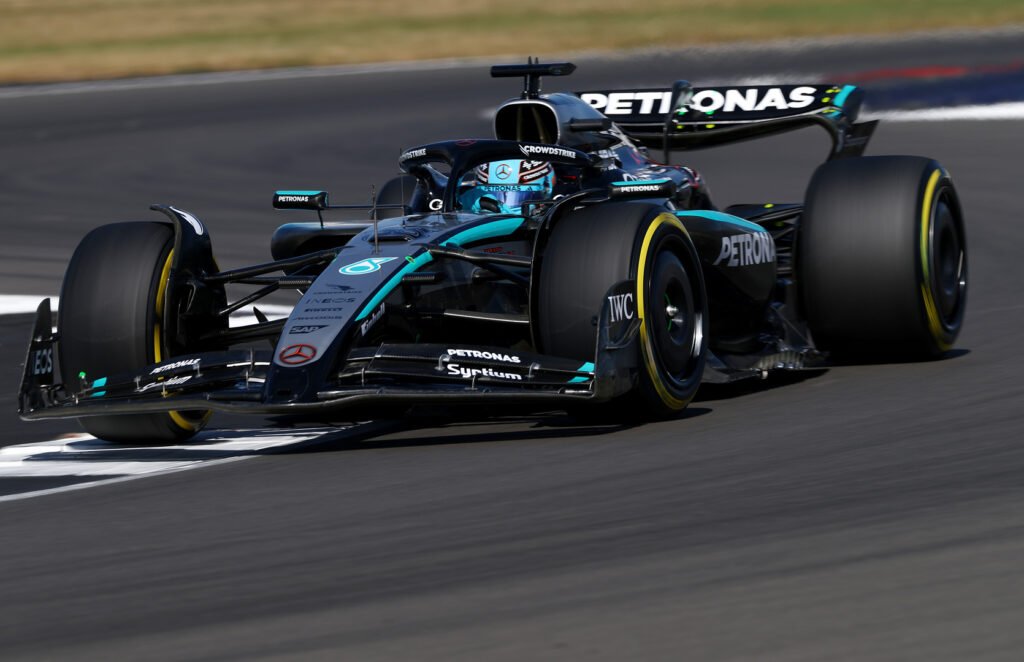 George Russell driving the Mercedes F1 car at the 2025 British GP.
