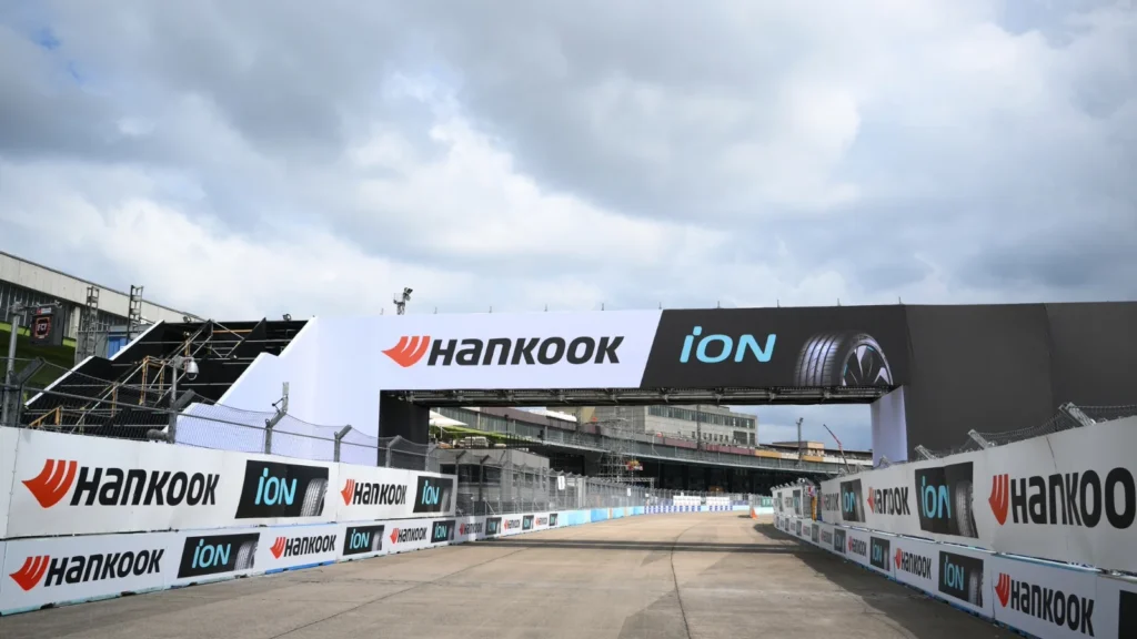 Circuit detail and sponsor branding during previews ahead of the Berlin E-Prix at Tempelhof Airport Circuit on July 10, 2025 in Berlin, Germany. (Photo by Simon Galloway/LAT Images for Formula E)